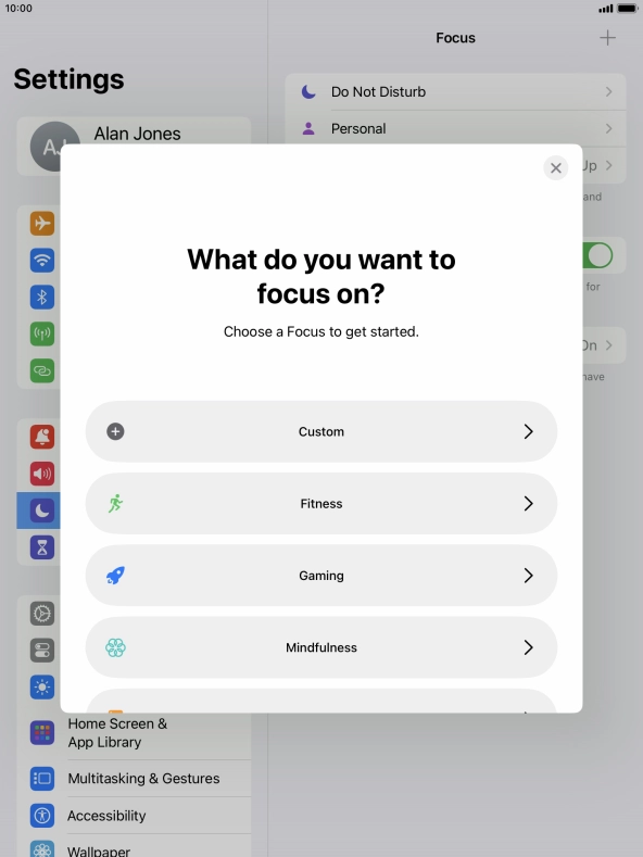 Press the required focus mode and follow the instructions on the screen to add the selected focus mode.