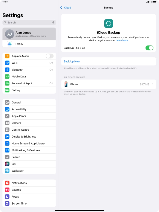 Press Back Up Now and wait while the tablet memory is backed up.