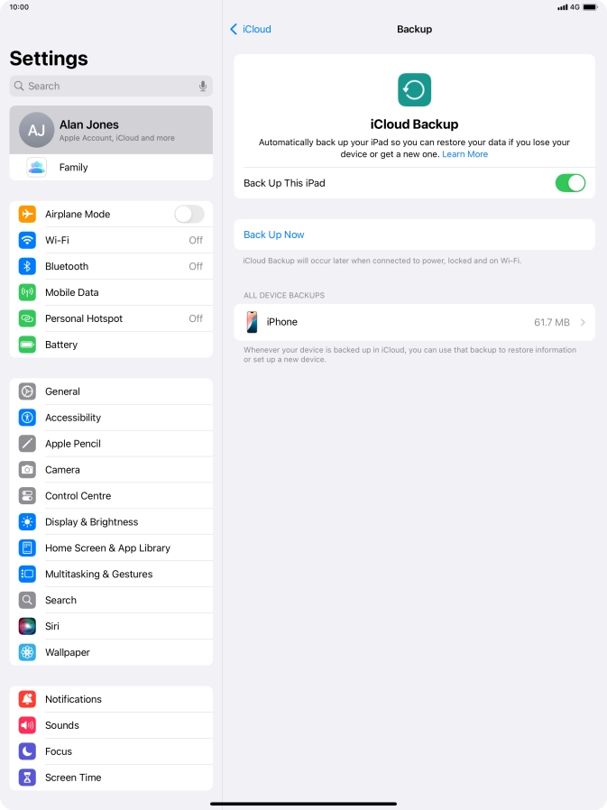 Press Back Up Now and wait while the tablet memory is backed up.