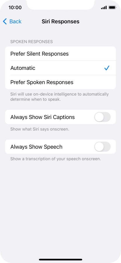 Press the required setting.