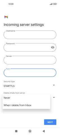 Press Never to keep email messages on the server when you delete them on your phone.