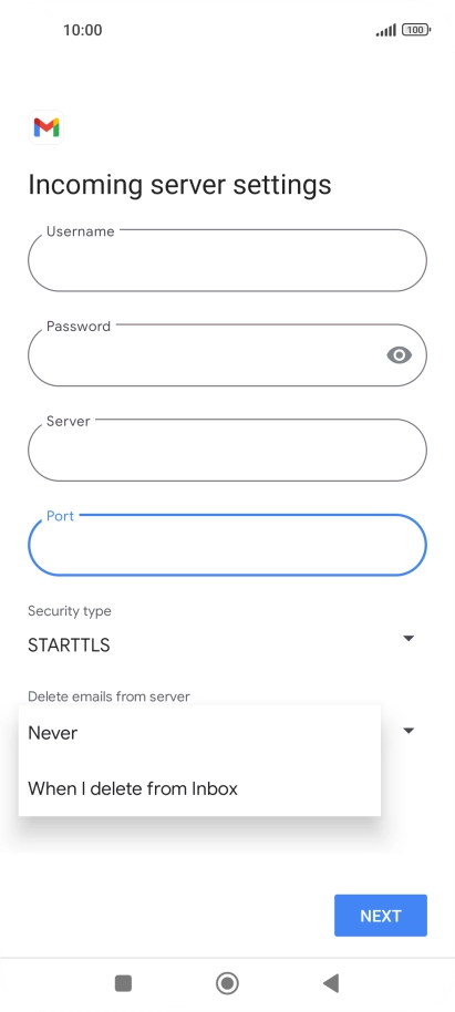 Press Never to keep email messages on the server when you delete them on your phone.