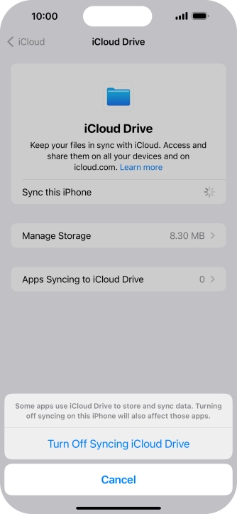 If you turn off the function, press Turn Off Syncing iCloud Drive. If you turn off the function, press Turn Off Syncing iCloud Drive.