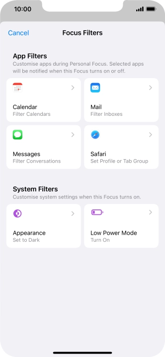 To see specific calendars in the selected focus mode, press Calendar and follow the instructions on the screen to select the required calendars.