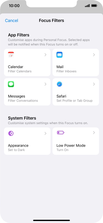 To see specific calendars in the selected focus mode, press Calendar and follow the instructions on the screen to select the required calendars.