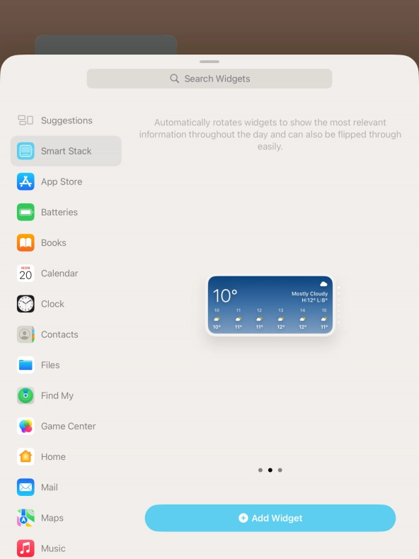 Slide your finger right or left on the screen to select the required widget size.