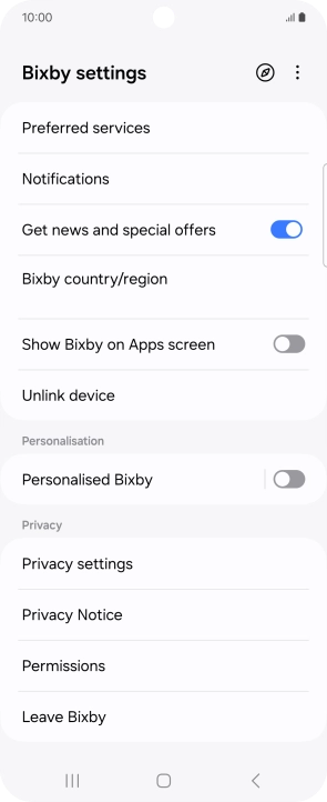 Press Bixby country/region and follow the instructions on the screen to select the required country or region.