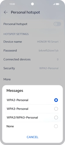 Press WPA3-Personal to password protect your Wi-Fi hotspot.