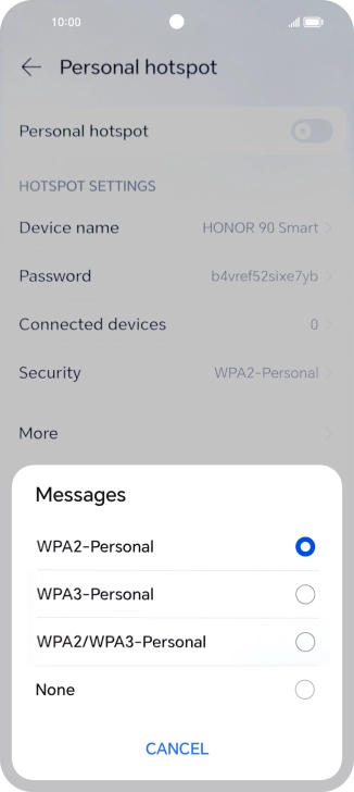 Press WPA3-Personal to password protect your Wi-Fi hotspot.