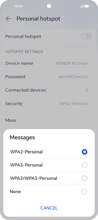 Press WPA3-Personal to password protect your Wi-Fi hotspot.