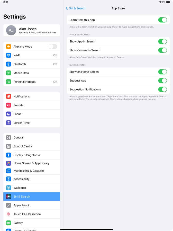 Press the indicators next to the required settings to turn them on or off.