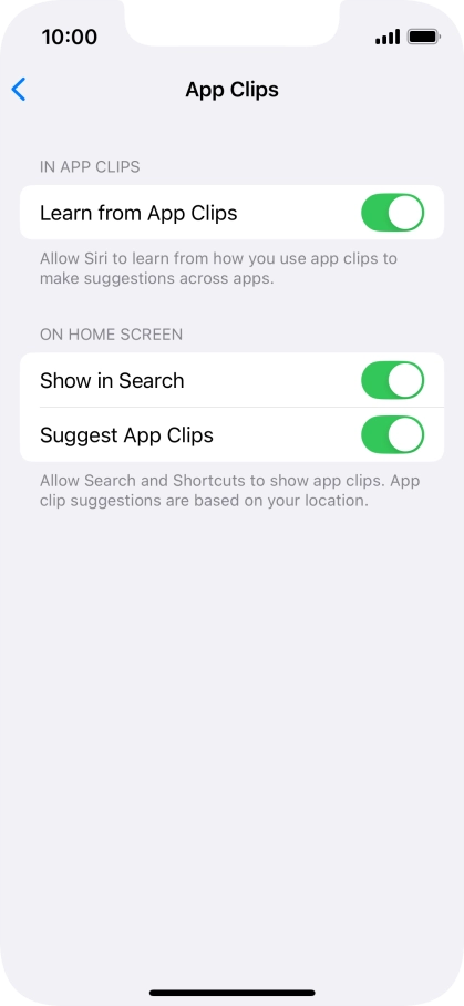 Press the indicators next to the required settings to turn them on or off.