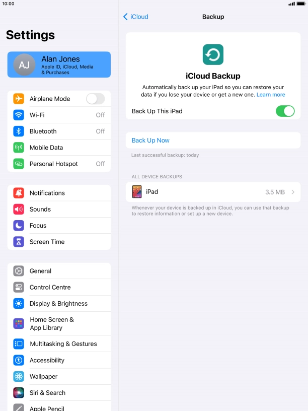 Press Back Up Now and wait while the tablet memory is backed up.
