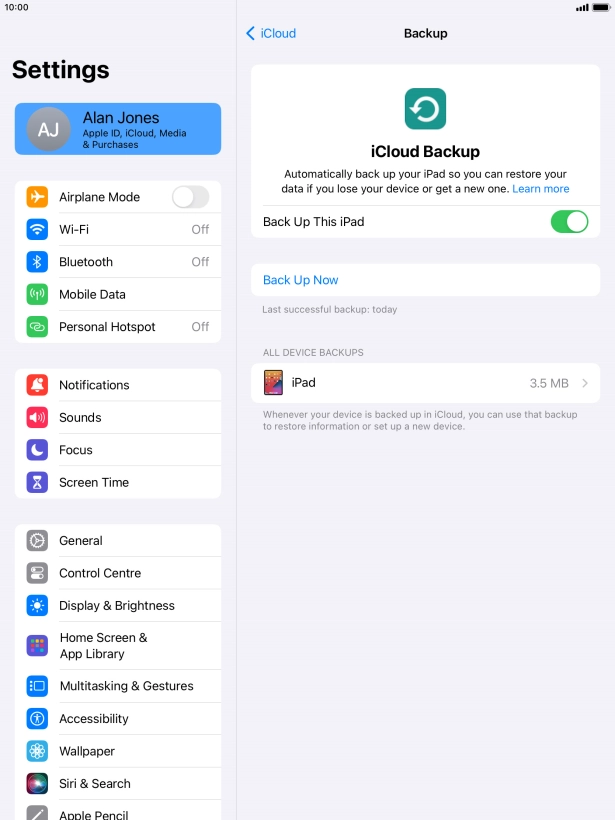 Press Back Up Now and wait while the tablet memory is backed up.