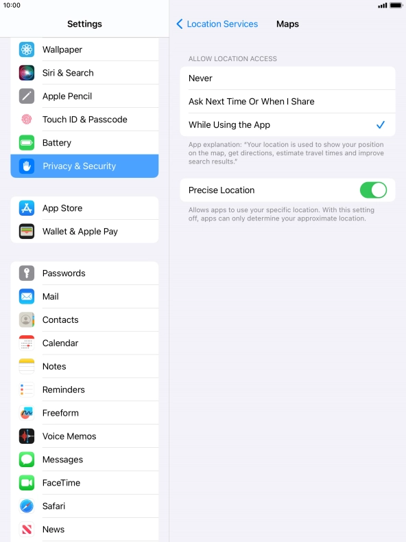 Press the required setting to turn the function on or off.