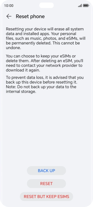 Press RESET. Wait a moment while the factory default settings are restored. Follow the instructions on the screen to set up your phone and prepare it for use.