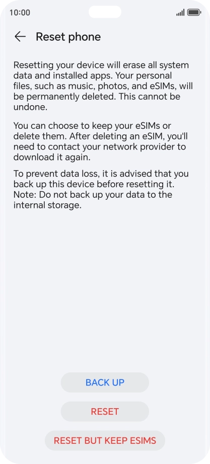 Press RESET. Wait a moment while the factory default settings are restored. Follow the instructions on the screen to set up your phone and prepare it for use.