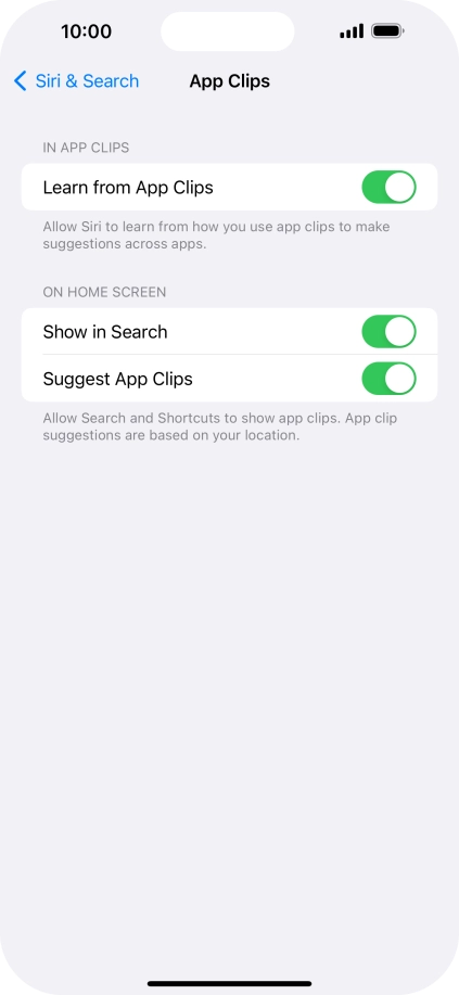 Press the indicators next to the required settings to turn them on or off.