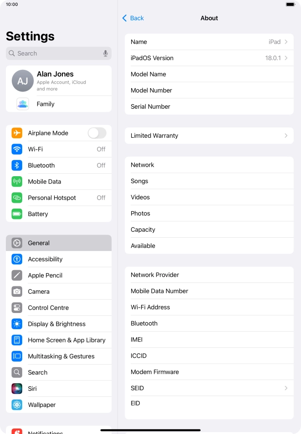 Your tablet's software version is displayed next to iPadOS Version.