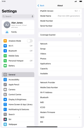 Your tablet's software version is displayed next to iPadOS Version.