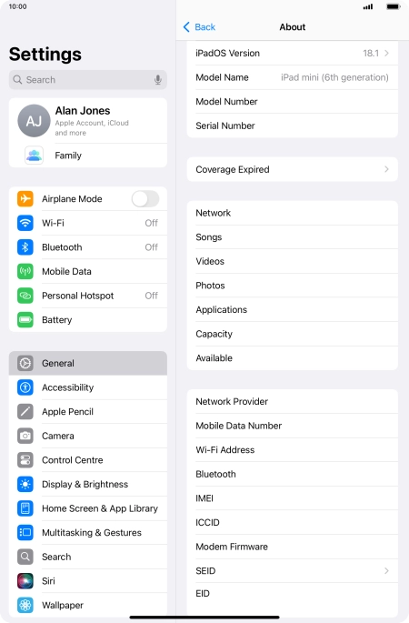 Your tablet's software version is displayed next to iPadOS Version.