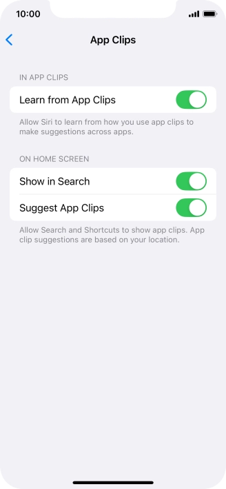 Press the indicators next to the required settings to turn them on or off.
