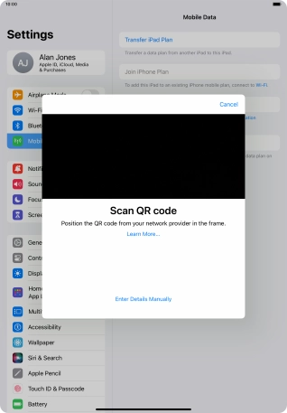 Place the QR code you've received inside the tablet camera frame to scan the code.
