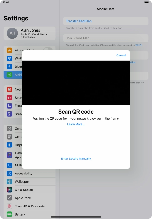 Place the QR code you've received inside the tablet camera frame to scan the code.