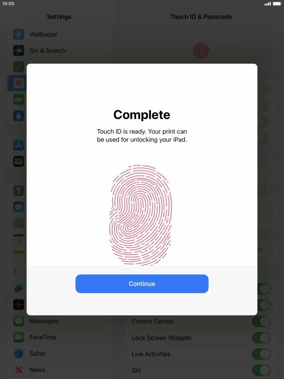 Press Continue. If you haven't previously selected a lock code, key in a code of your own choice twice.