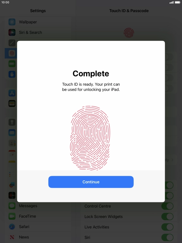 Press Continue. If you haven't previously selected a lock code, key in a code of your own choice twice.