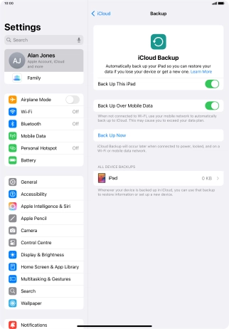 Press Back Up Now and wait while the tablet memory is backed up.