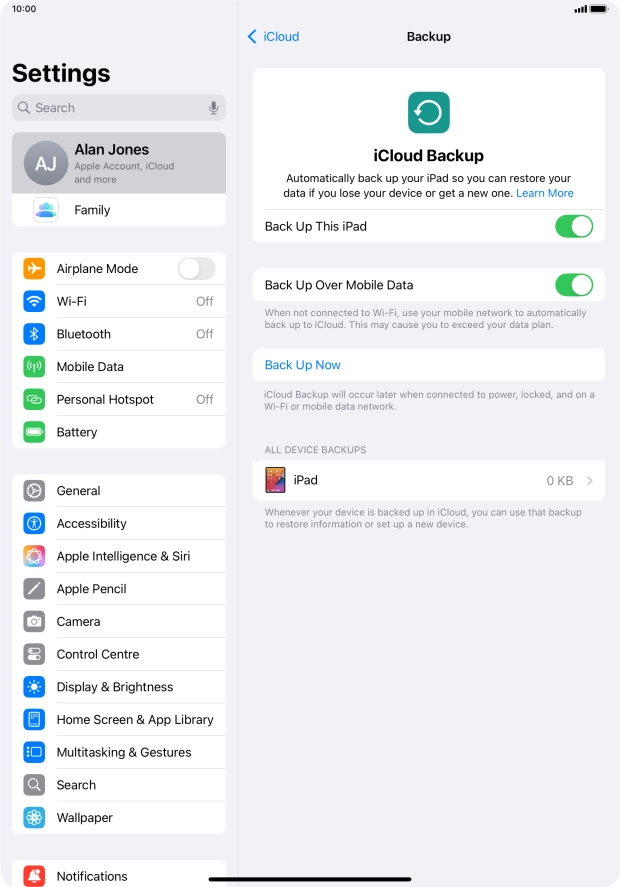 Press Back Up Now and wait while the tablet memory is backed up.