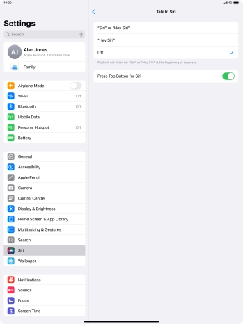 Press the required setting to turn the function on or off. If you turn on the function, you need to follow the instructions on the screen to set up Siri to recognise your voice.