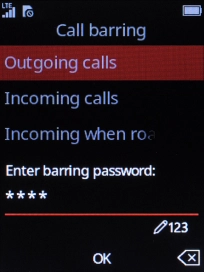 Key in your barring password and press the Navigation key. The default barring password is 1919.