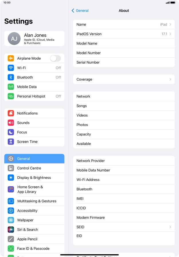Your tablet's EID number is displayed below EID.