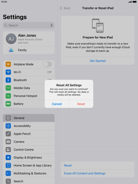 Press Reset. Wait a moment while the factory default settings are restored. Follow the instructions on the screen to set up your tablet and prepare it for use.