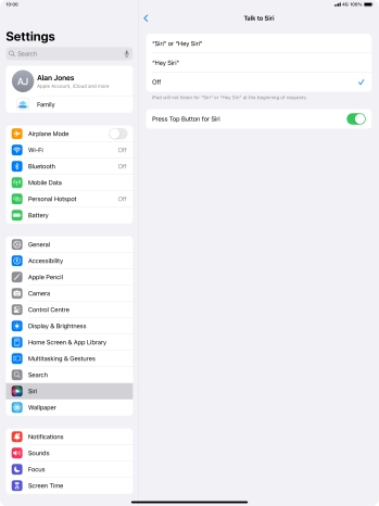 Press the required setting to turn the function on or off. If you turn on the function, you need to follow the instructions on the screen to set up Siri to recognise your voice.
