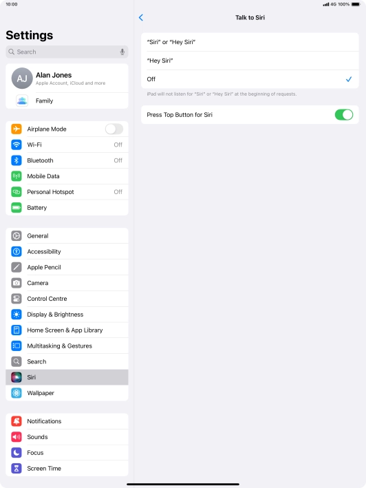 Press the required setting to turn the function on or off. If you turn on the function, you need to follow the instructions on the screen to set up Siri to recognise your voice.