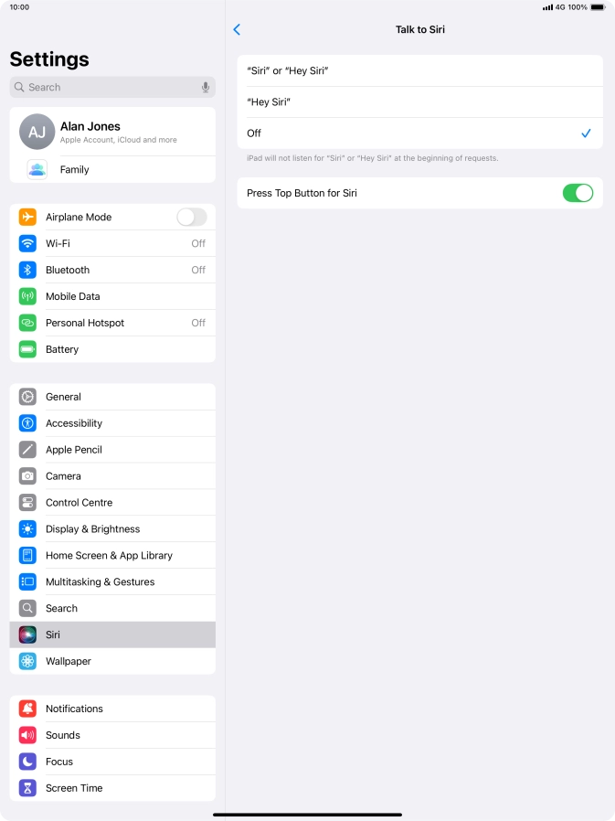 Press the required setting to turn the function on or off. If you turn on the function, you need to follow the instructions on the screen to set up Siri to recognise your voice.