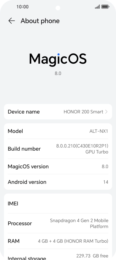 Your phone's software version is displayed next to Android version.