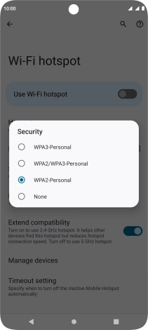 Press WPA3-Personal to password protect your Wi-Fi hotspot. Press WPA3-Personal to password protect your Wi-Fi hotspot.