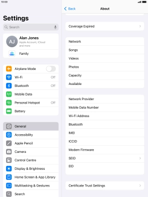 Your tablet's EID number is displayed below EID.