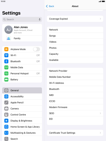 Your tablet's EID number is displayed below EID.