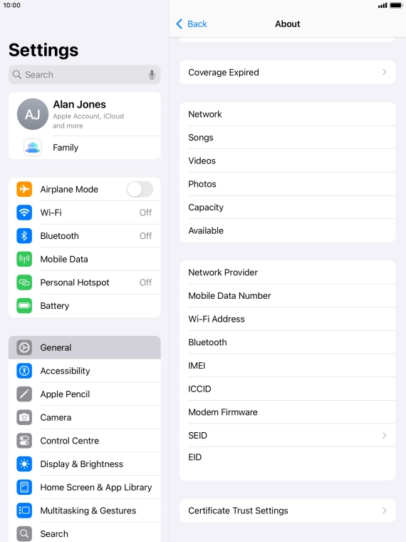 Your tablet's EID number is displayed below EID.