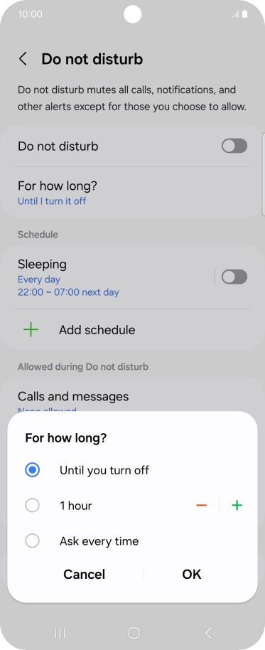 Press the required setting.