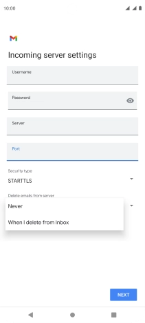 Press Never to keep email messages on the server when you delete them on your phone.