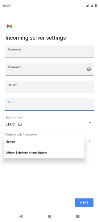 Press Never to keep email messages on the server when you delete them on your phone.