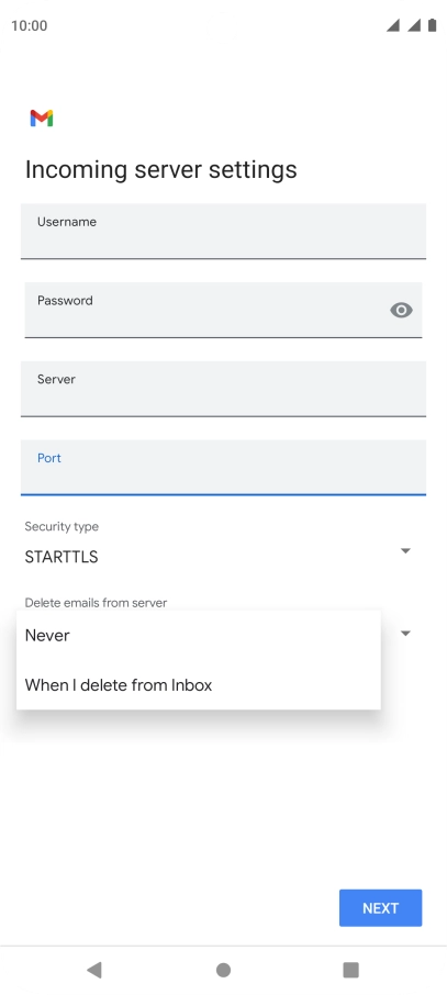 Press Never to keep email messages on the server when you delete them on your phone.
