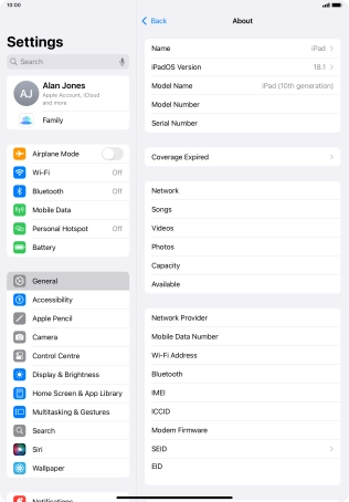 Your tablet's EID number is displayed below EID.