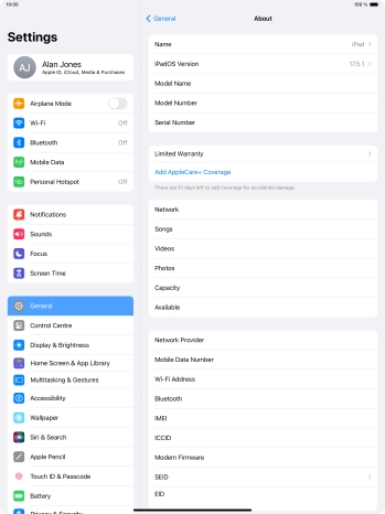 Your tablet's software version is displayed next to iPadOS Version.